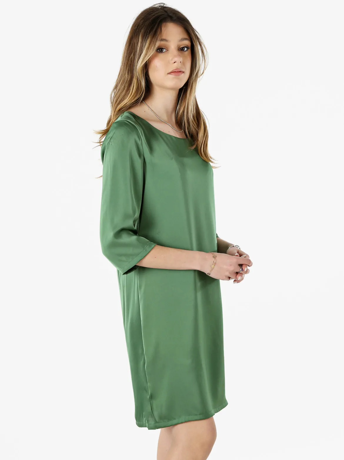 Sweet Miss Vestito donna con maniche a 3/4 in tessuto effetto raso - verde