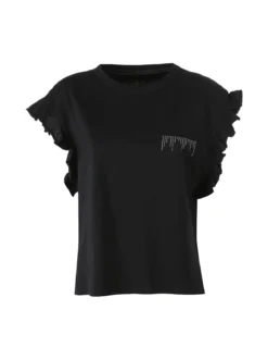 The People Rep T-shirt donna in cotone con maniche a volant e taschino di strass - nero