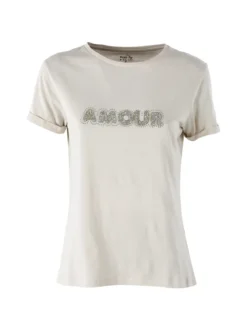 The People Rep T-shirt donna in cotone con scritta di strass e pietre - sabbia