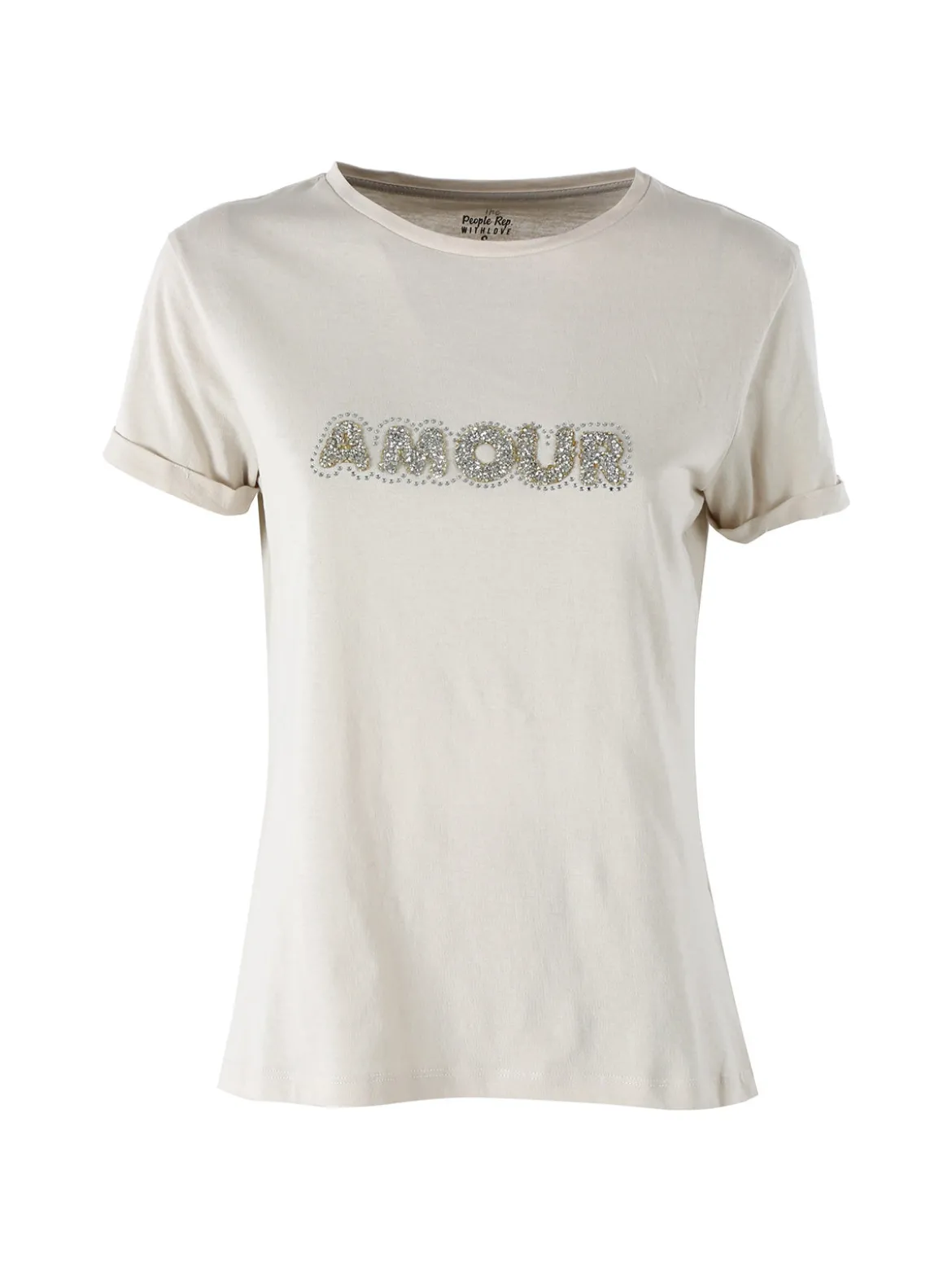 The People Rep T-shirt donna in cotone con scritta di strass e pietre - sabbia