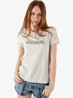 The People Rep T-shirt donna in cotone con scritta di strass e pietre - sabbia