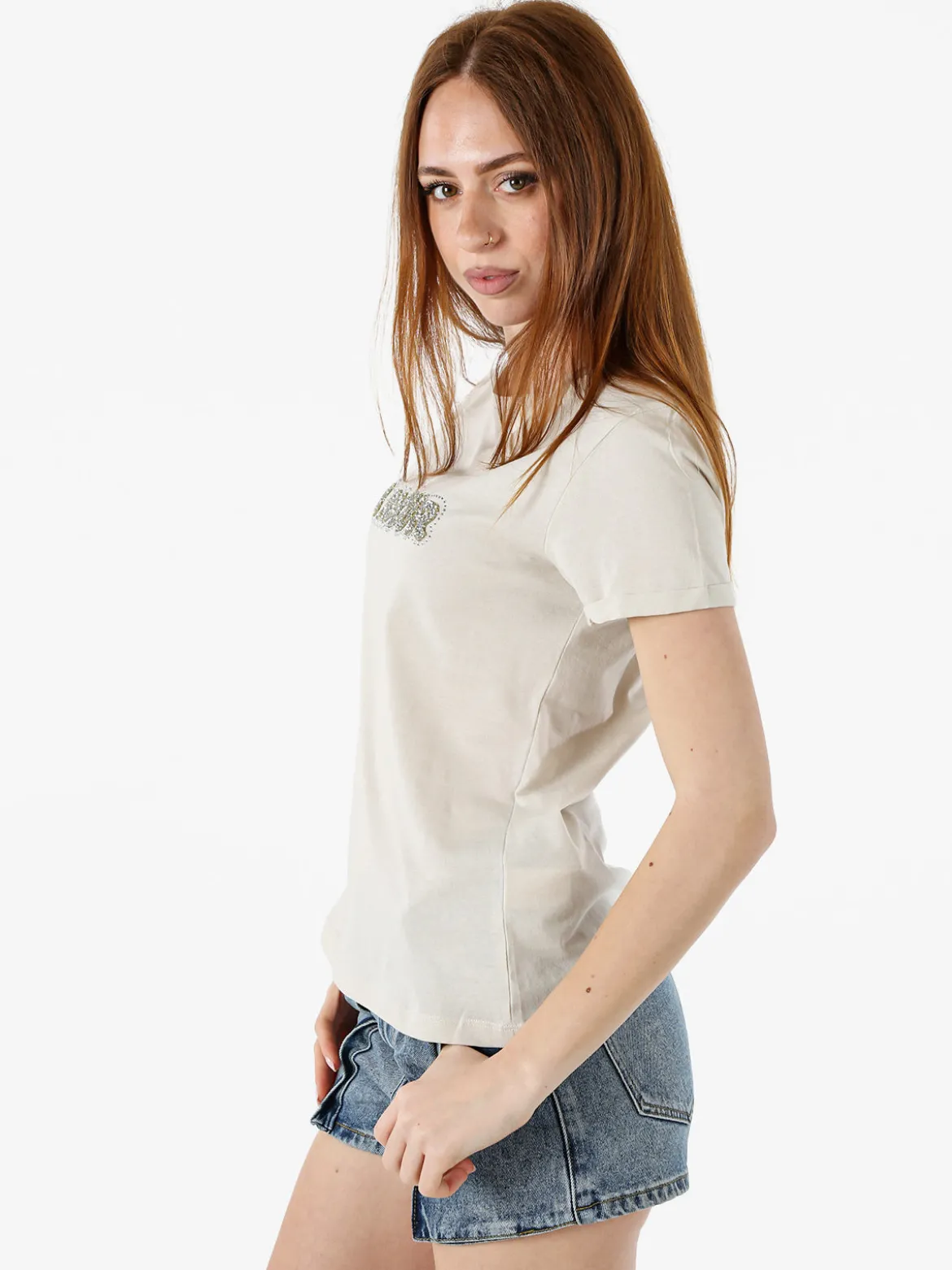 The People Rep T-shirt donna in cotone con scritta di strass e pietre - sabbia