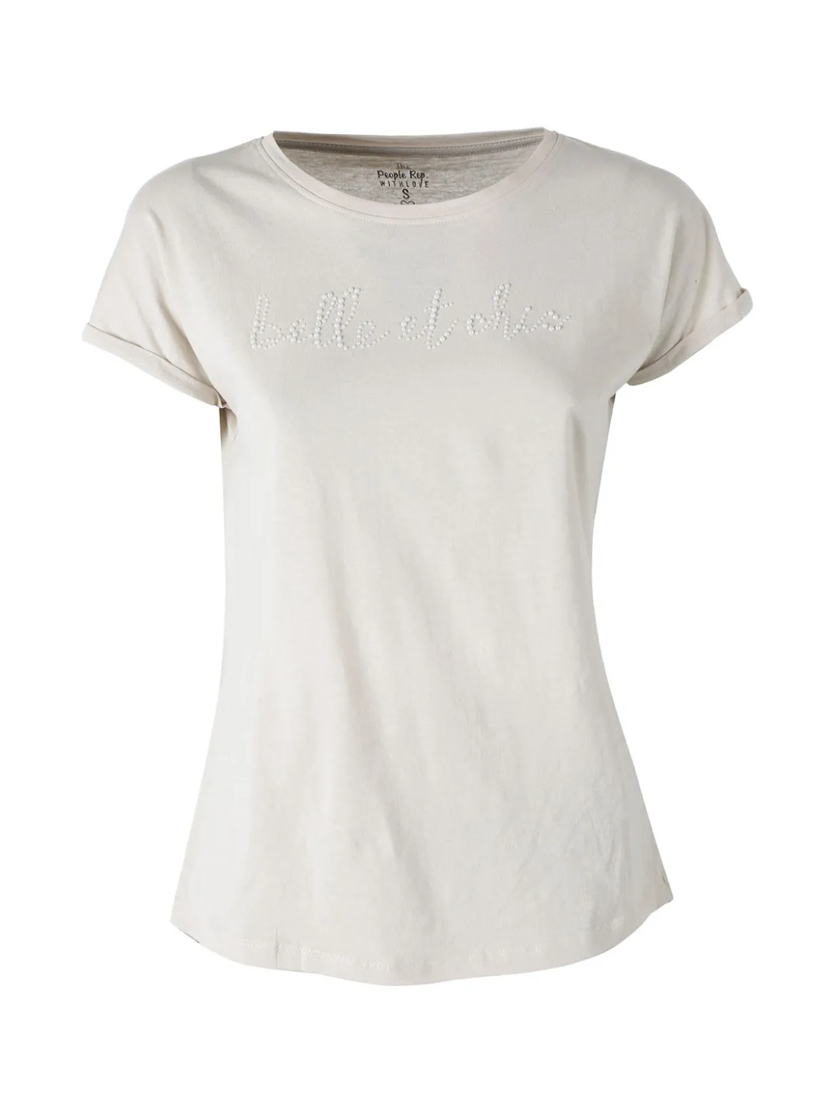 The People Rep T-shirt girocollo da donna in cotone con perline - beige