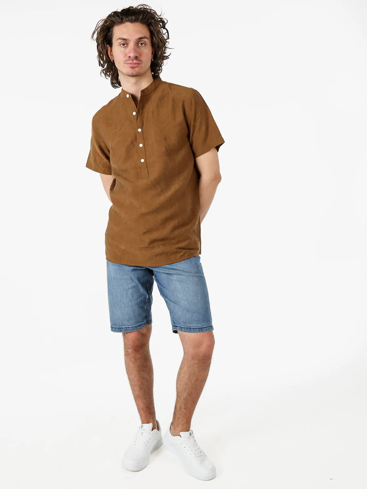Tmk Camicia da uomo leggera a maniche corte con colletto alla coreana - marrone