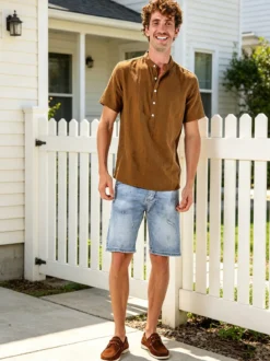 Tmk Camicia da uomo leggera a maniche corte con colletto alla coreana - marrone
