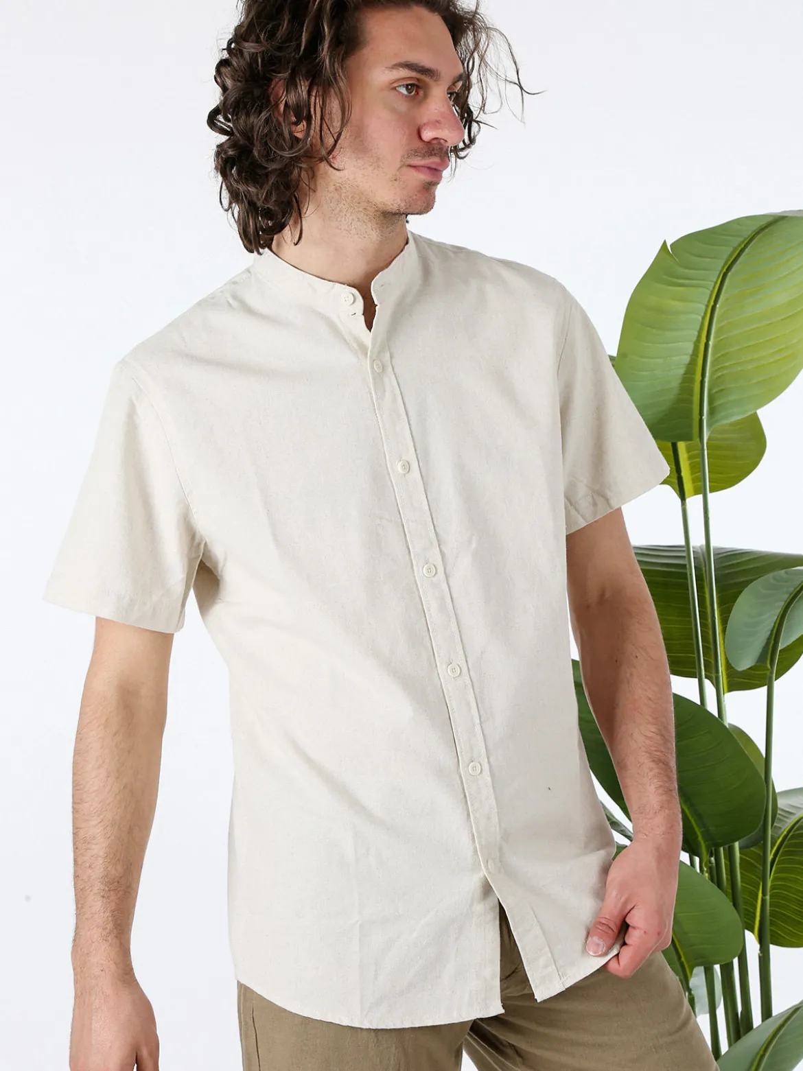 Tmk Camicia uomo misto lino e cotone a maniche corte con colletto alla coreana - beige