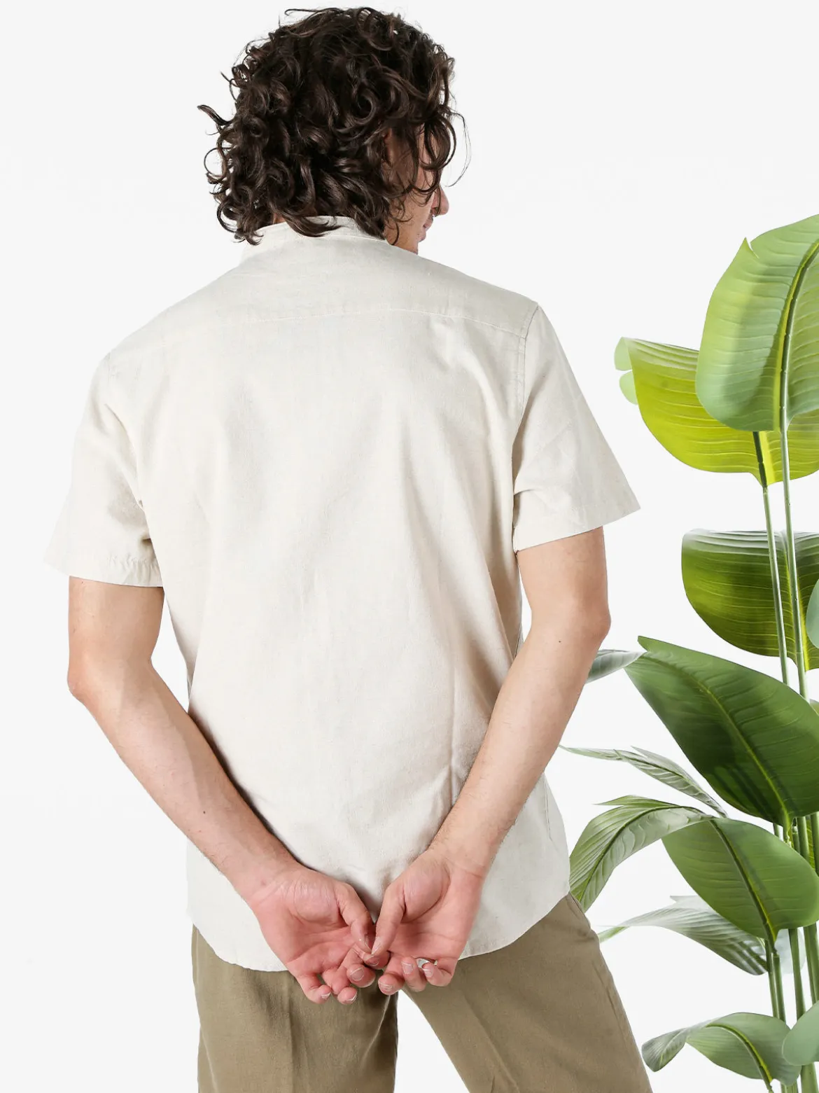 Tmk Camicia uomo misto lino e cotone a maniche corte con colletto alla coreana - beige