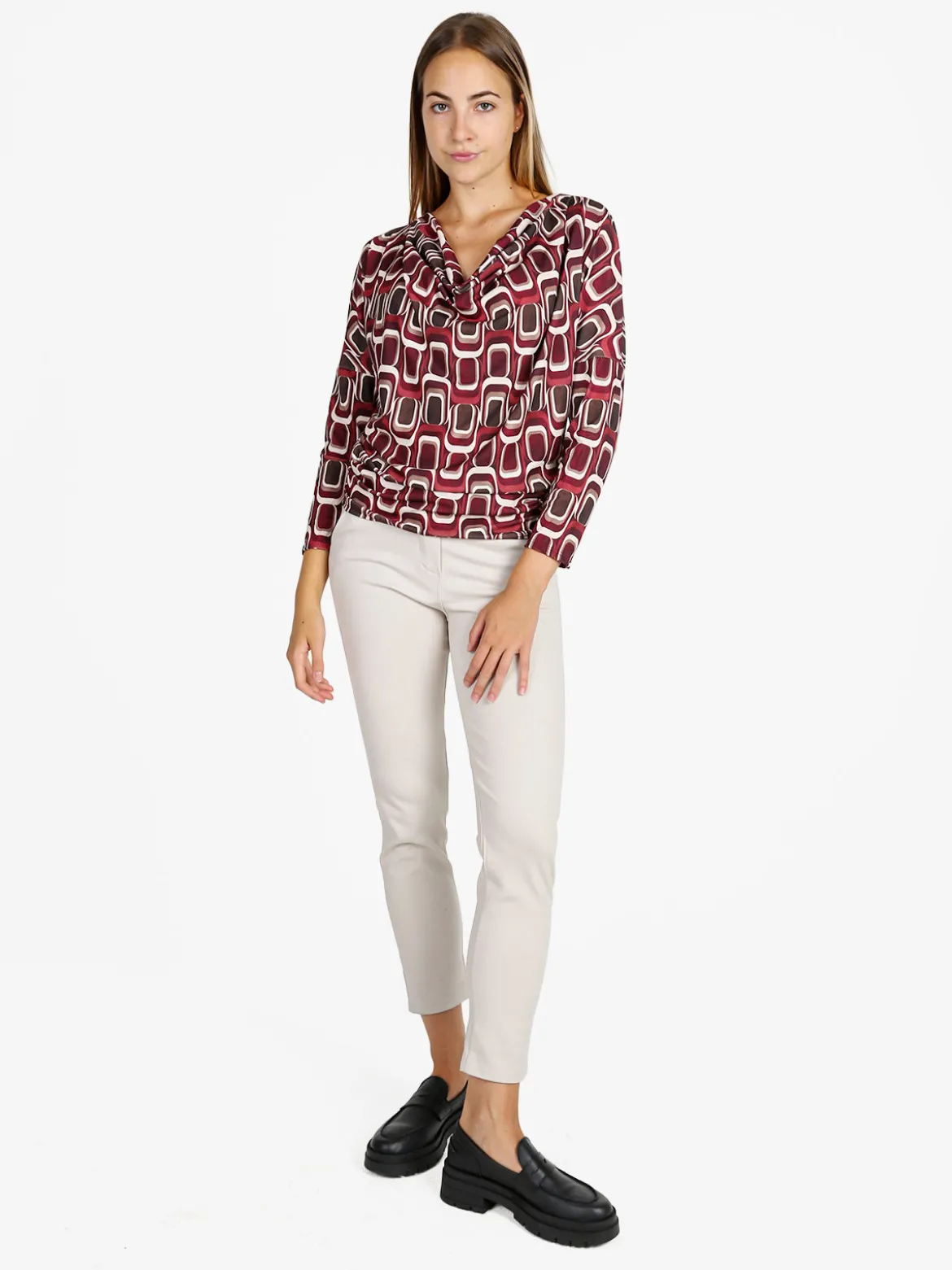 Unique Blusa donna fantasia con scollo a cascata - bordeaux