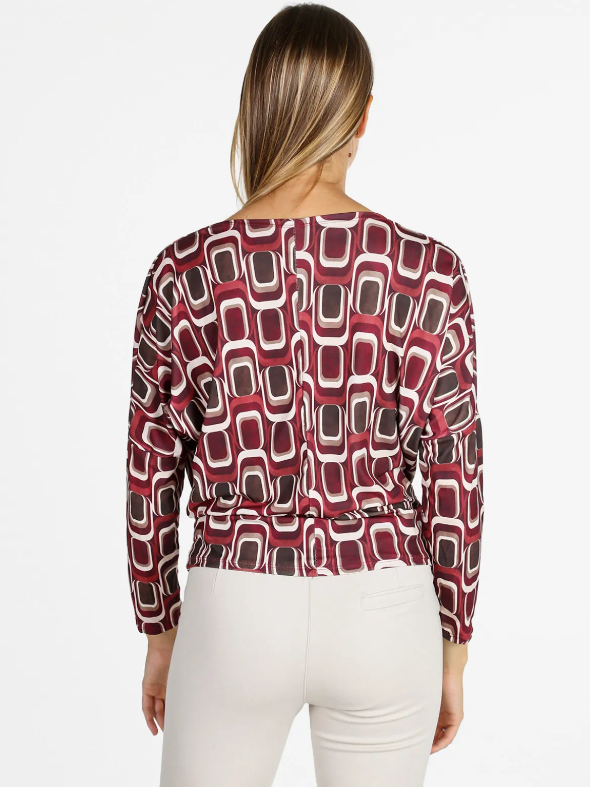 Unique Blusa donna fantasia con scollo a cascata - bordeaux