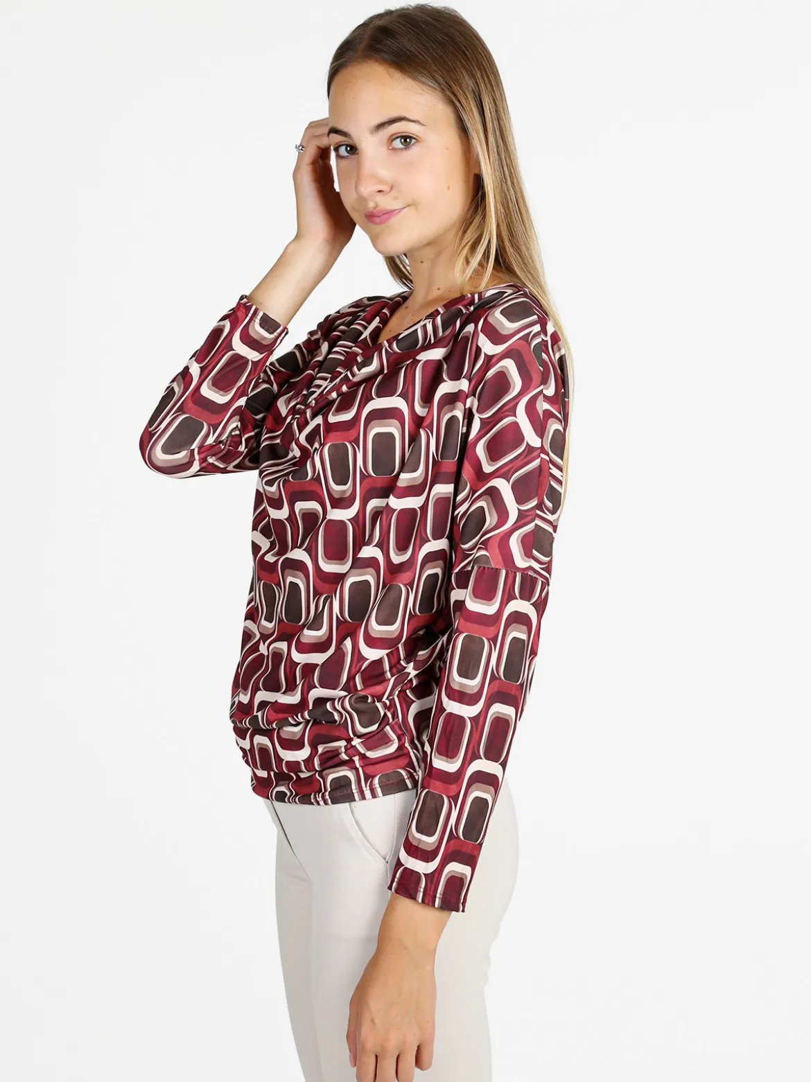 Unique Blusa donna fantasia con scollo a cascata - bordeaux