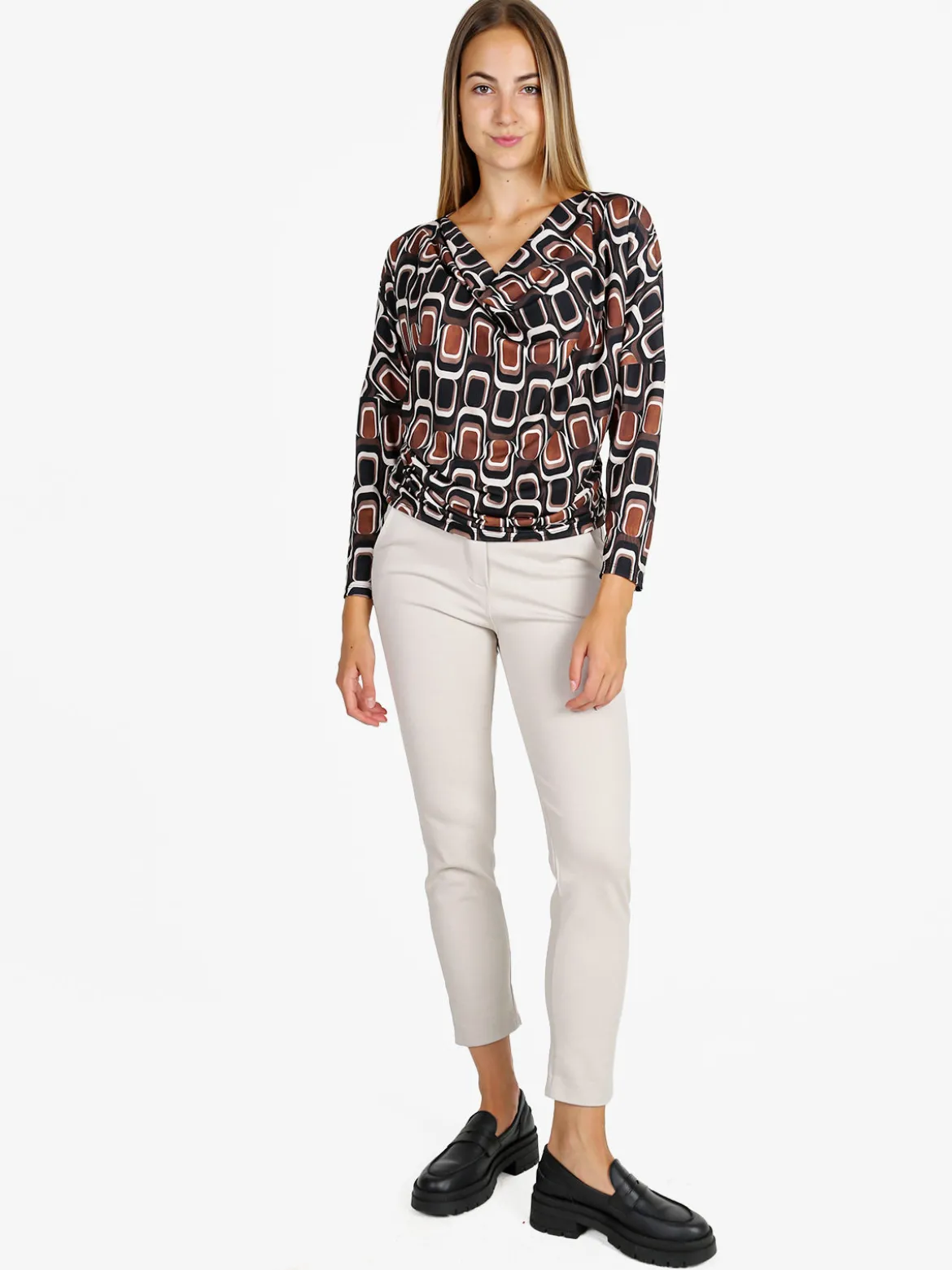 Unique Blusa donna fantasia con scollo a cascata - nero