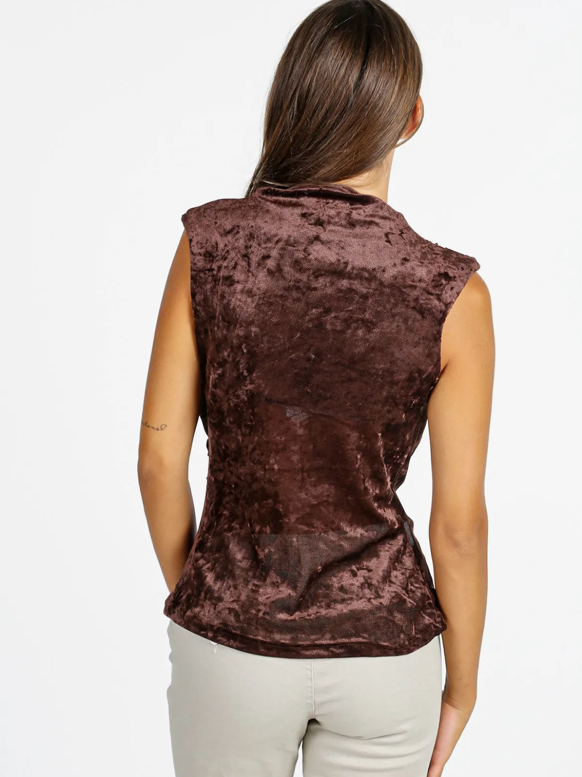 Unique Top donna in velluto con scollo a cascata - moro