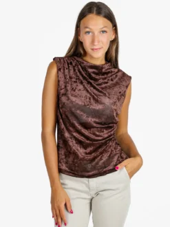 Unique Top donna in velluto con scollo a cascata - moro