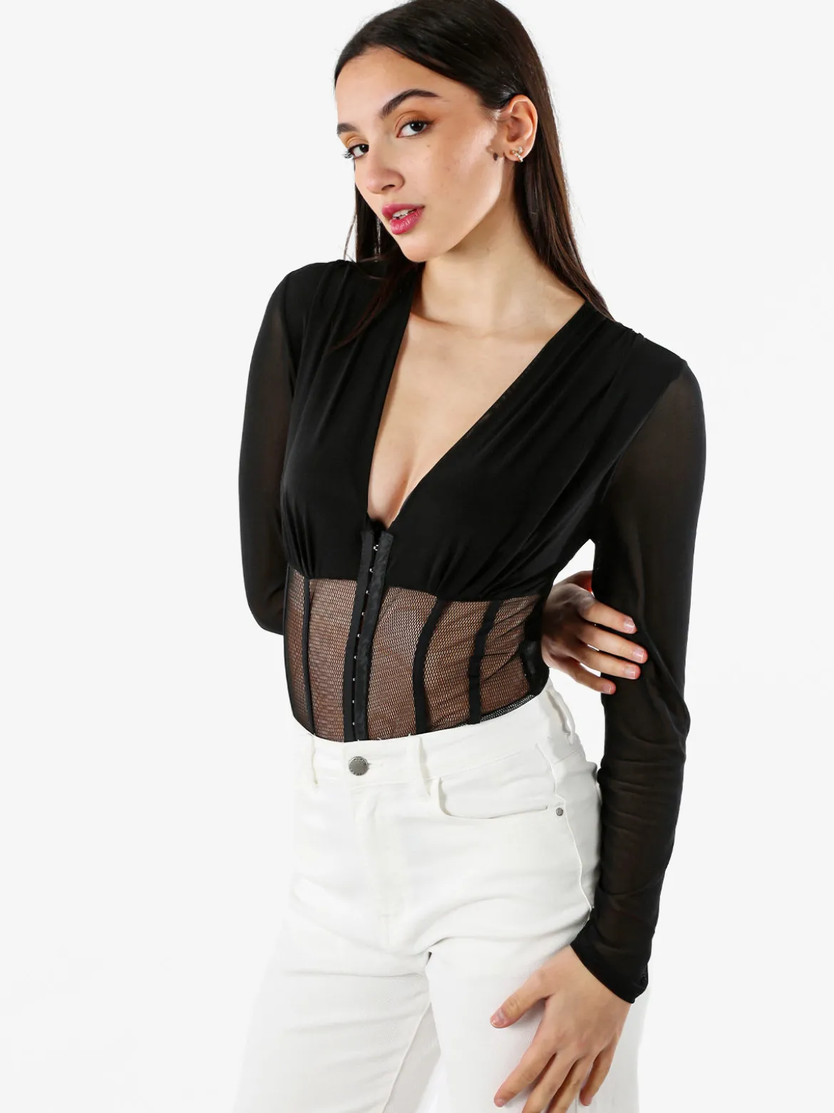 Vestella Top body donna elegante a maniche lunghe con inserti a rete - nero