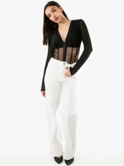 Vestella Top body donna elegante a maniche lunghe con inserti a rete - nero