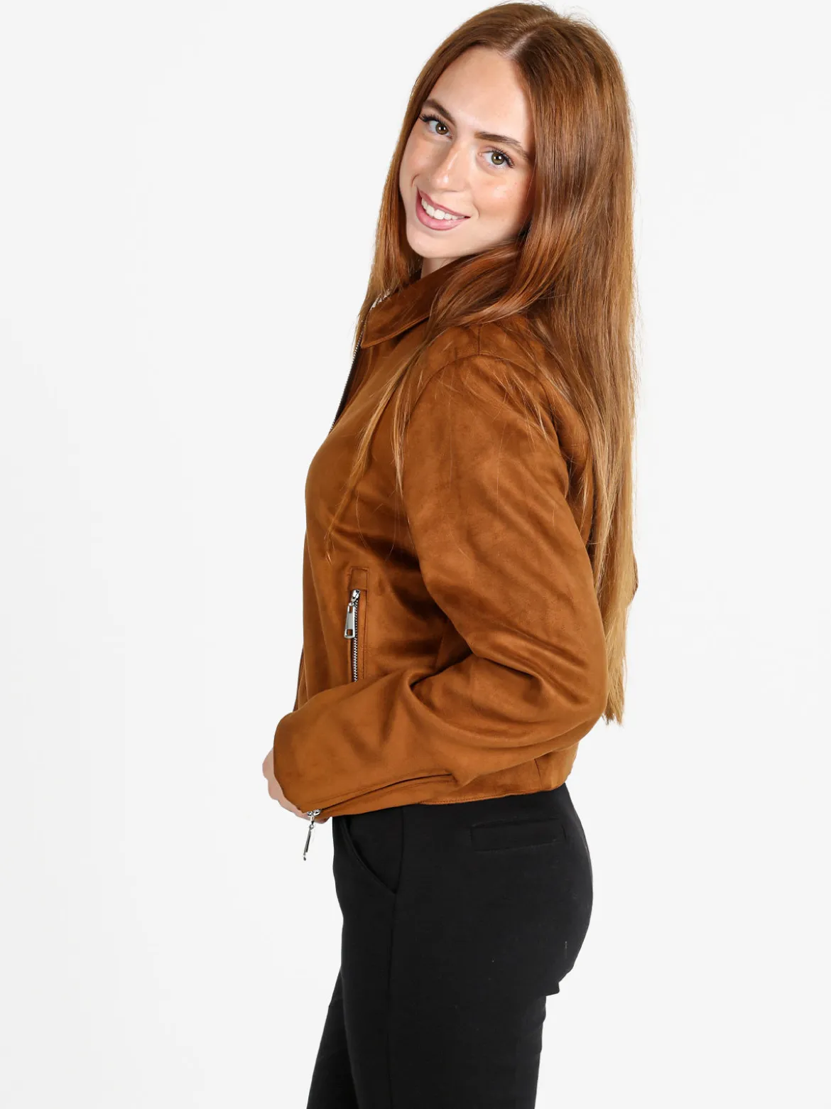 W Collection Giacca donna scamosciata con colletto e zip - marrone
