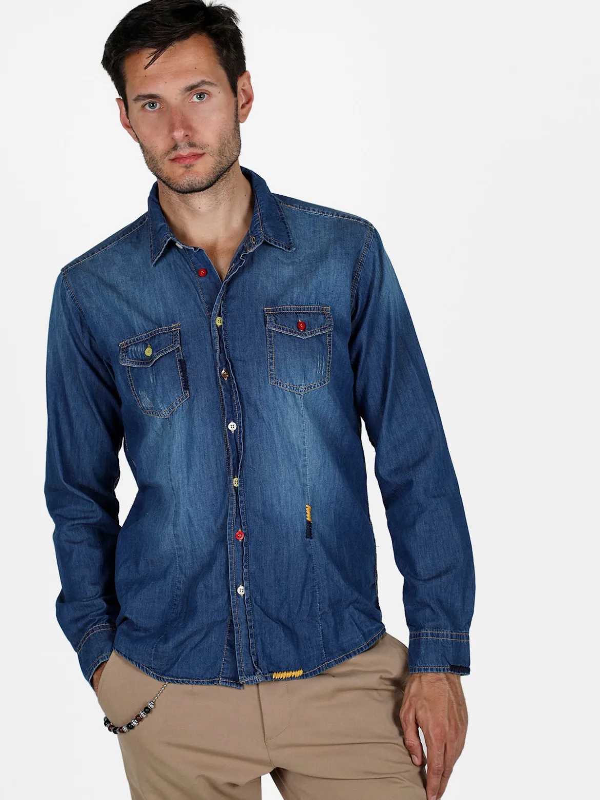 X-Cape Camicia in jeans da uomo con bottoni colorati