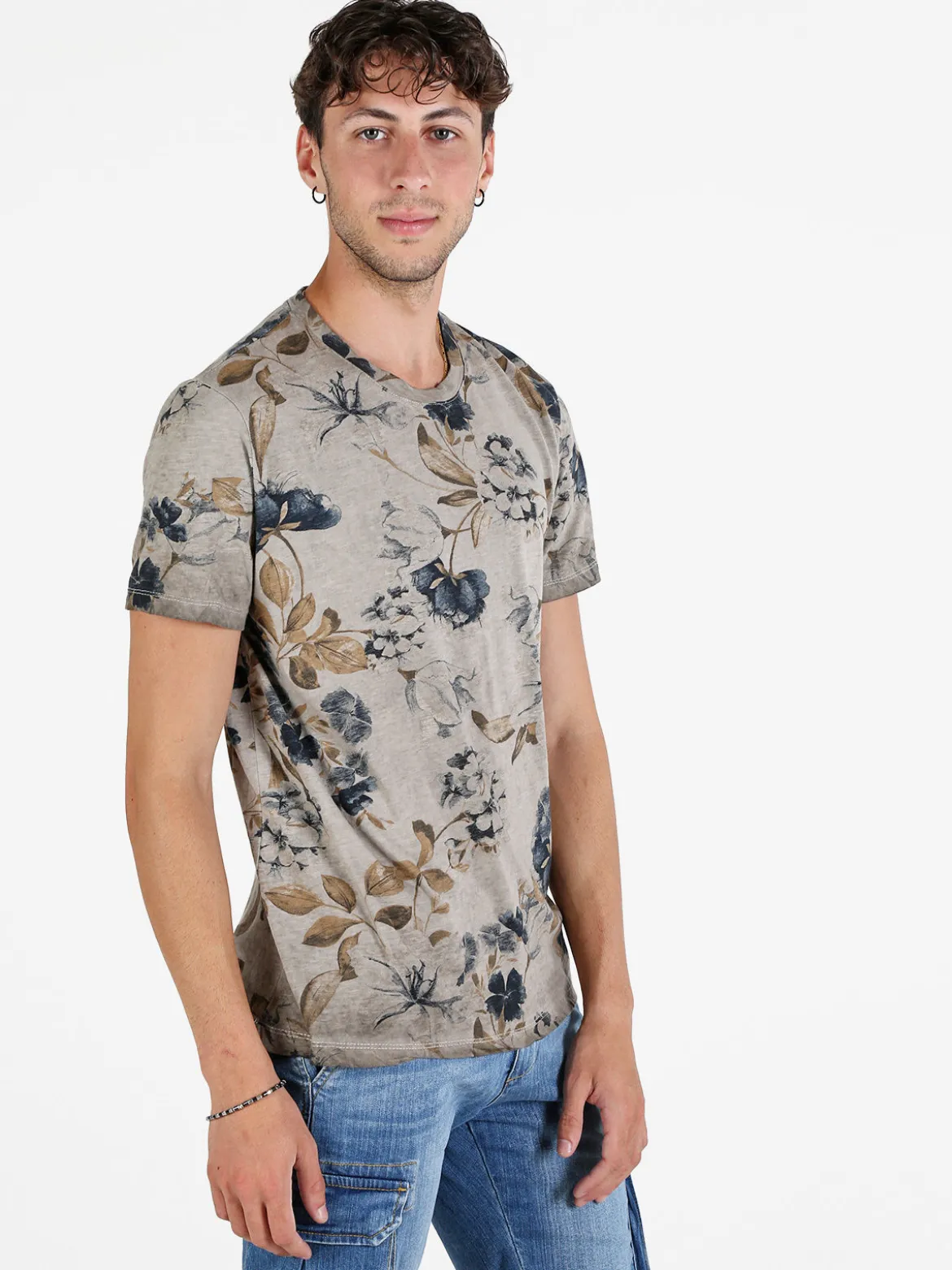 X-Cape T-shirt uomo floreale in cotone - fango