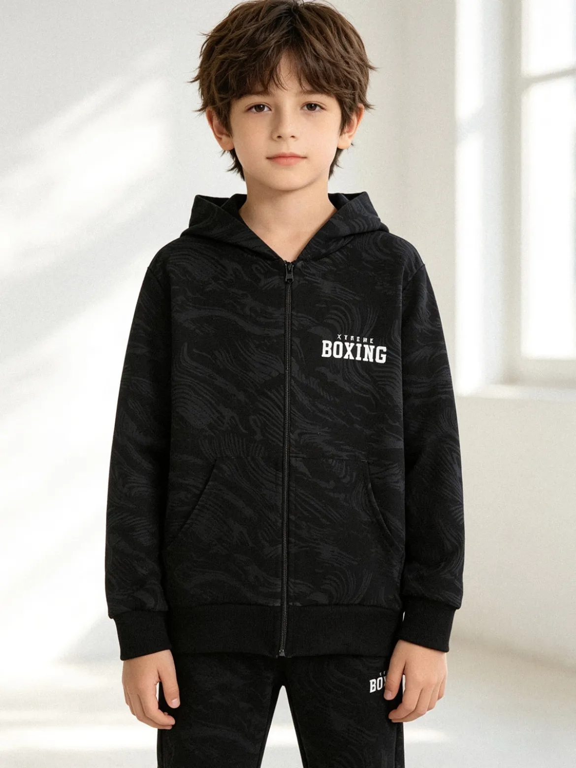 Xtreme Boxing Felpa da ragazzo in cotone con cappuccio e zip - nero