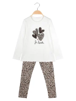 Yes! Do Kid'S Completo 2 pezzi da bambina con maglietta e leggings animalier - bianco