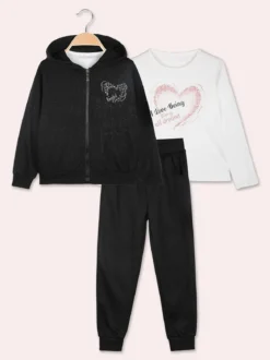 Yes! Do Kid'S Completo tuta 3 pezzi da bambina con felpa brillantinata e strass - nero