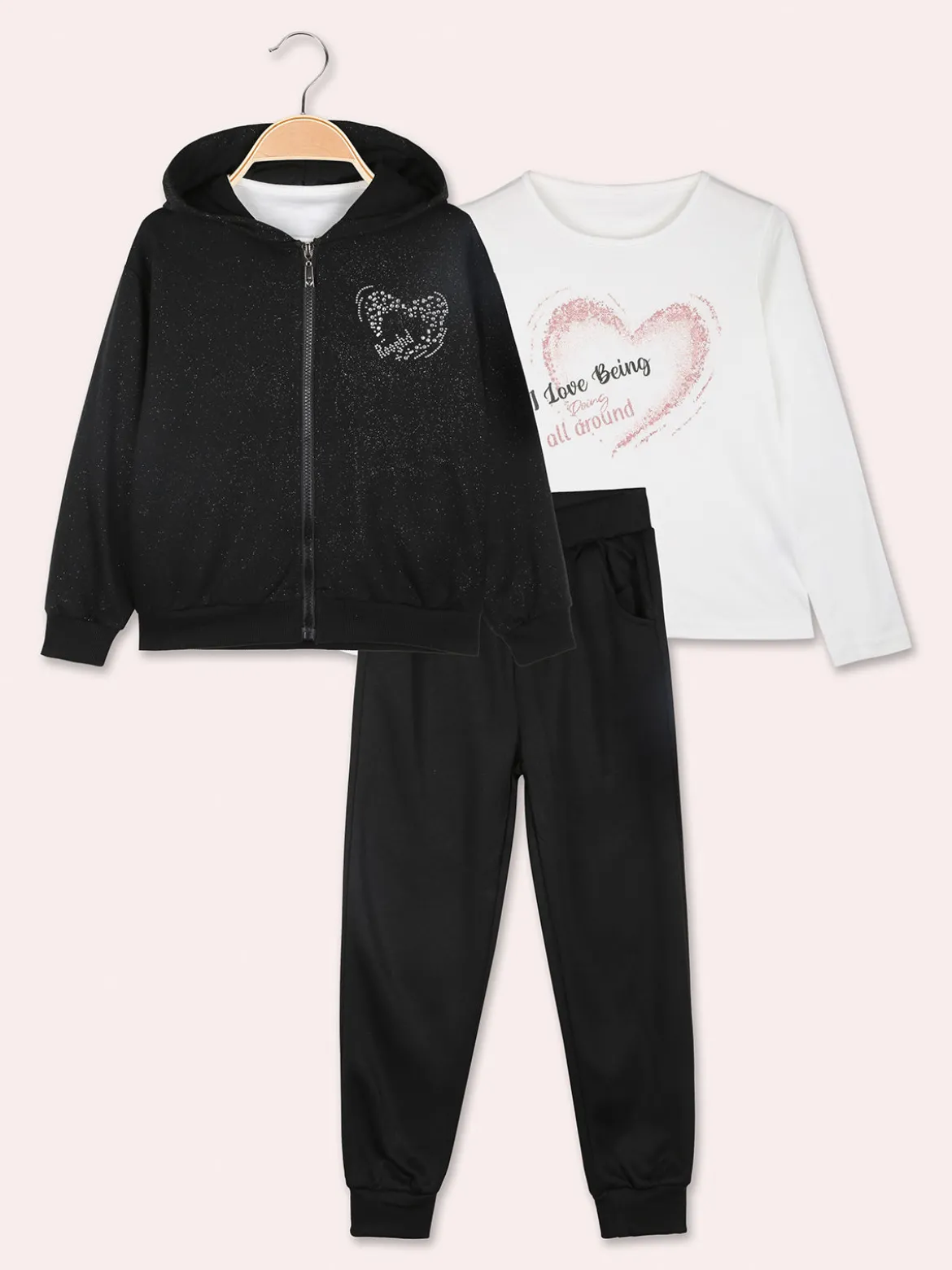 Yes! Do Kid'S Completo tuta 3 pezzi da bambina con felpa brillantinata e strass - nero