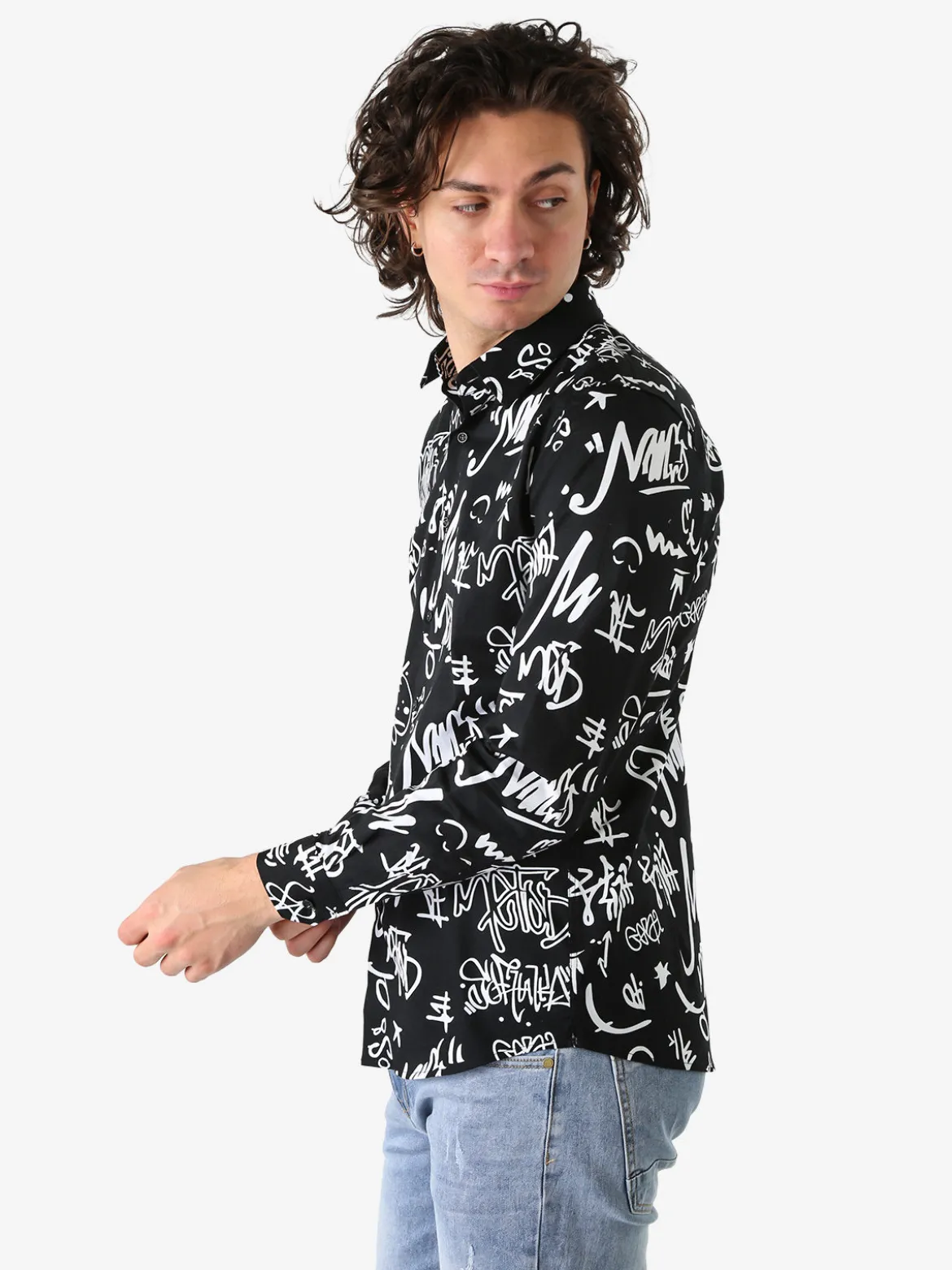 Y.Two Camicia da uomo in cotone a maniche lunghe con stampe - nero